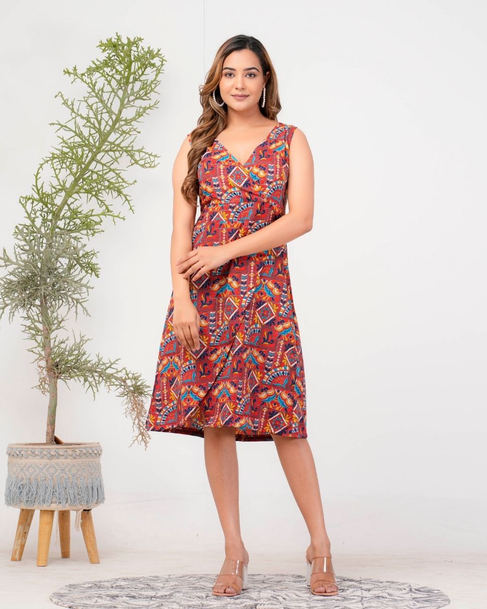 Jacobean Printed Maroon Poly Crepe Dress For Women