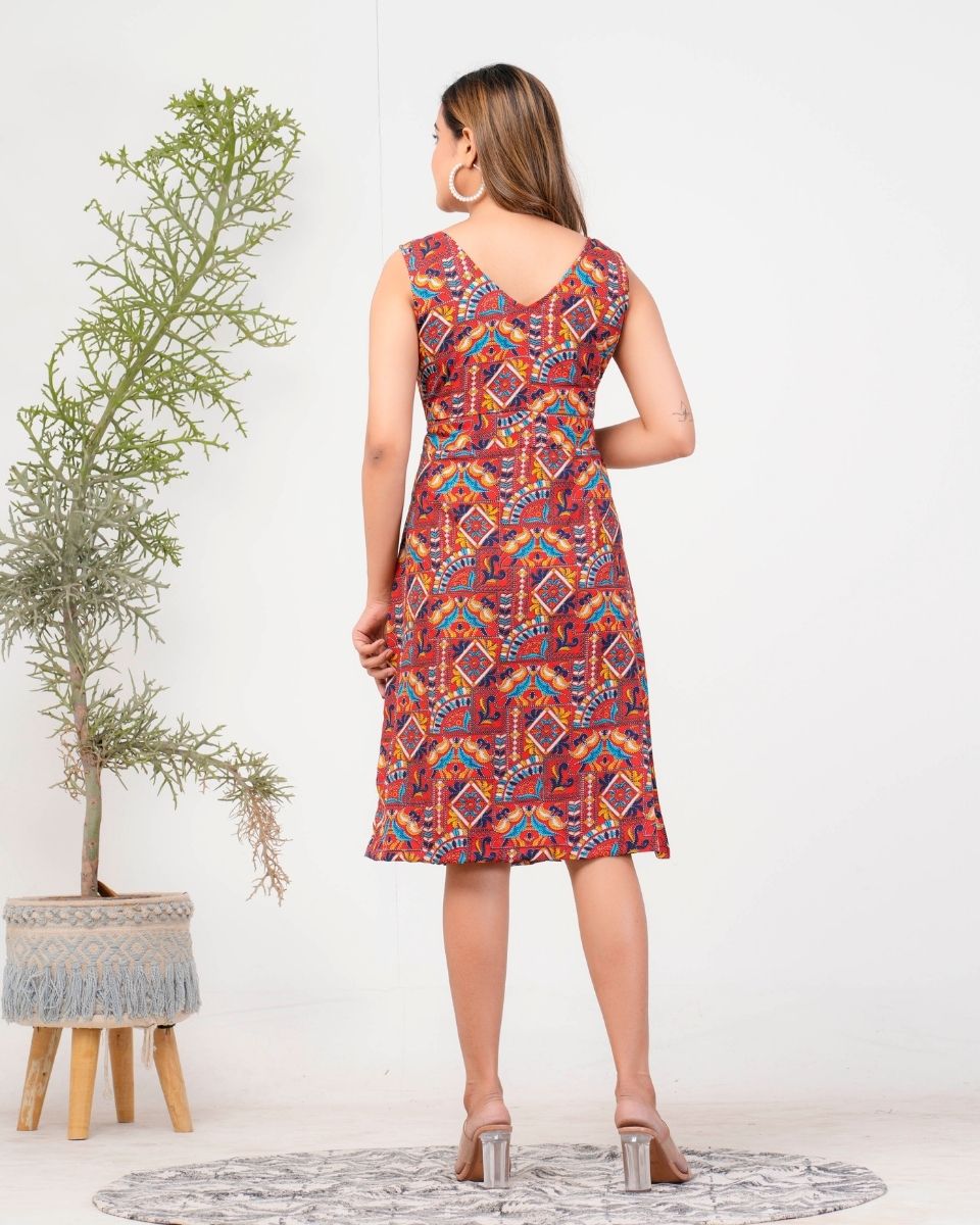 Jacobean Printed Maroon Poly Crepe Dress For Women