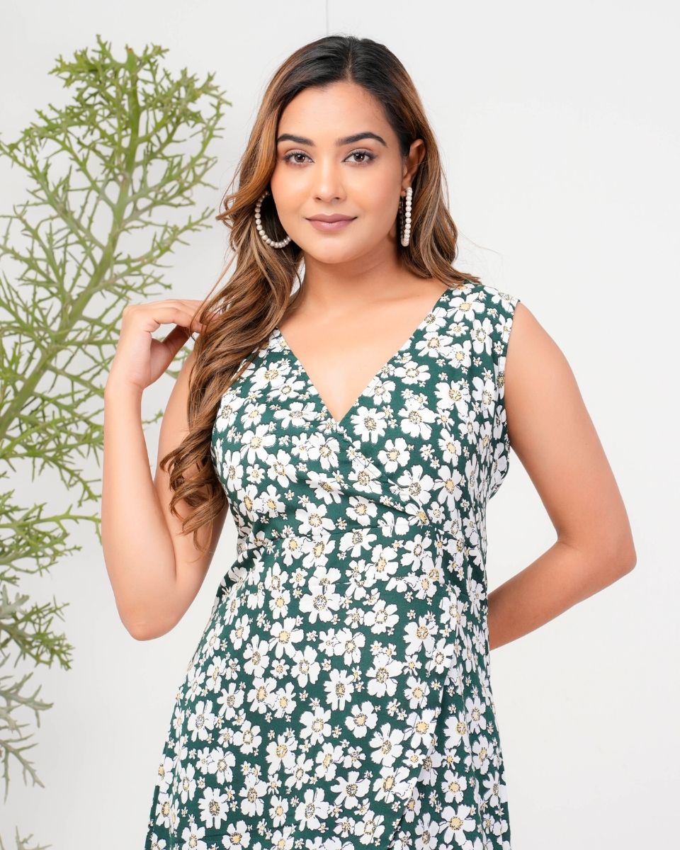 Pine Green Floral Printed Poly Crepe Midi Dress For Women