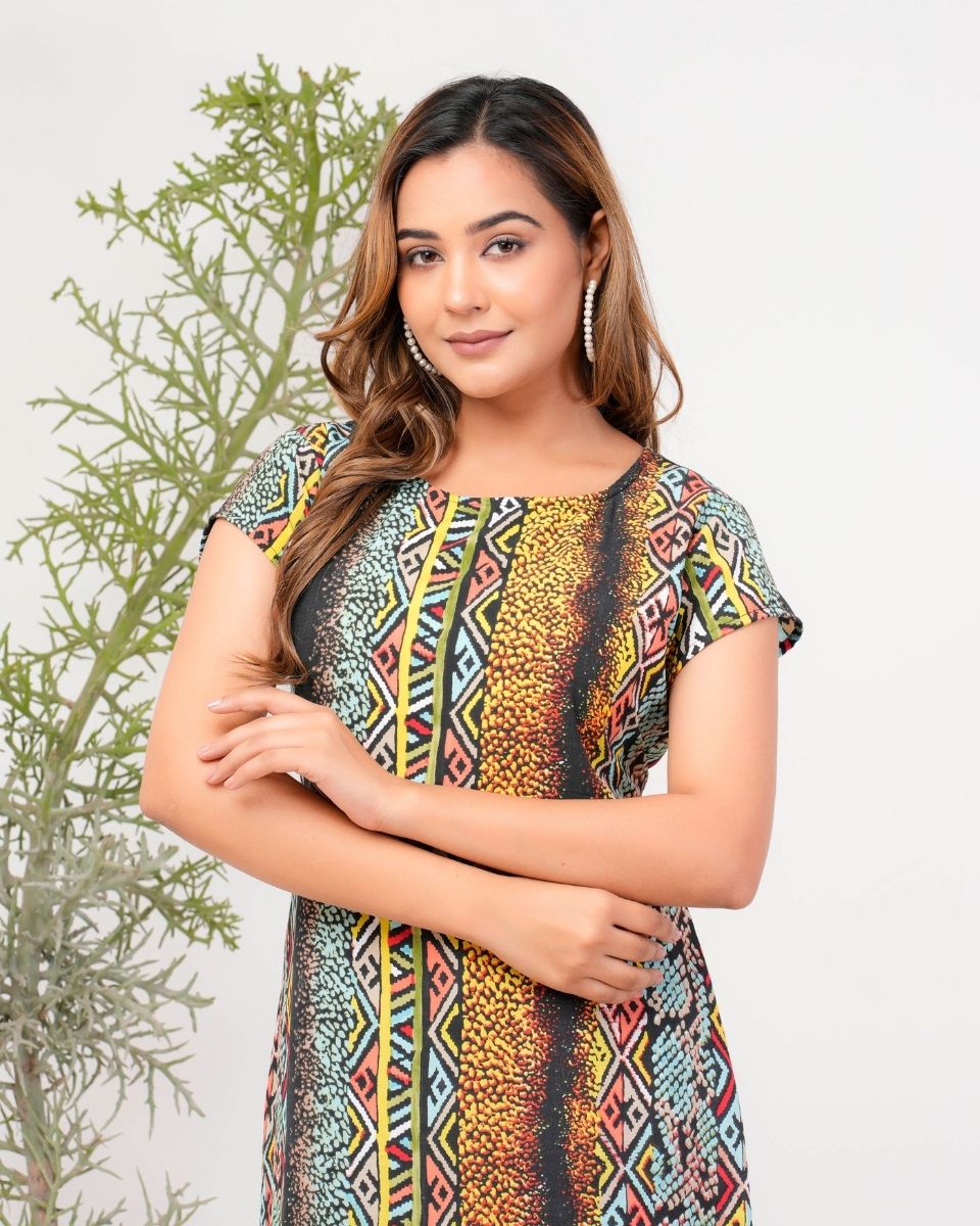 Chevron Printed Multicolor Poly Crepe Dress For Women