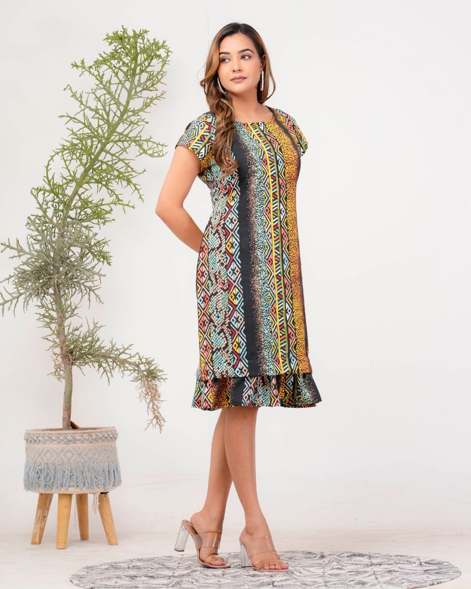 Chevron Printed Multicolor Poly Crepe Dress For Women