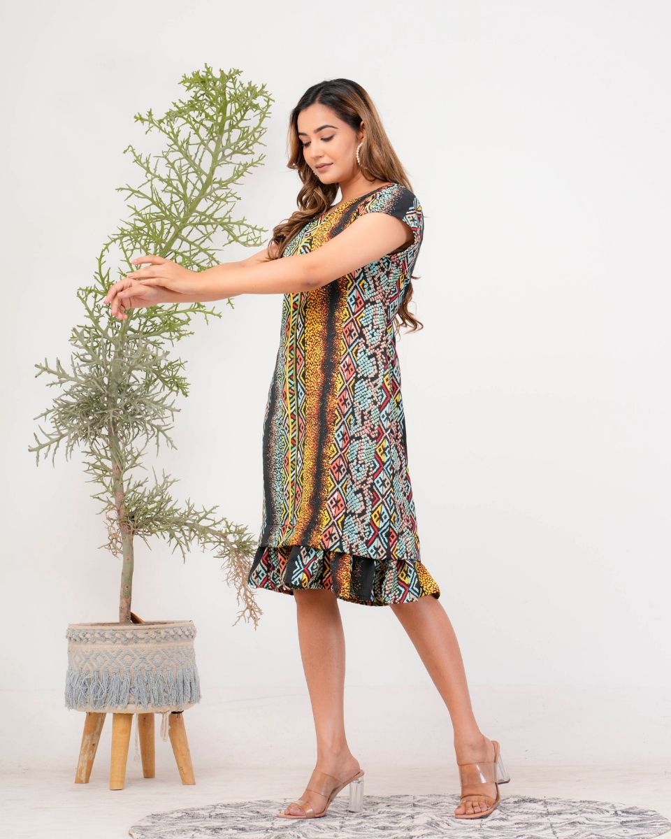 Chevron Printed Multicolor Poly Crepe Dress For Women