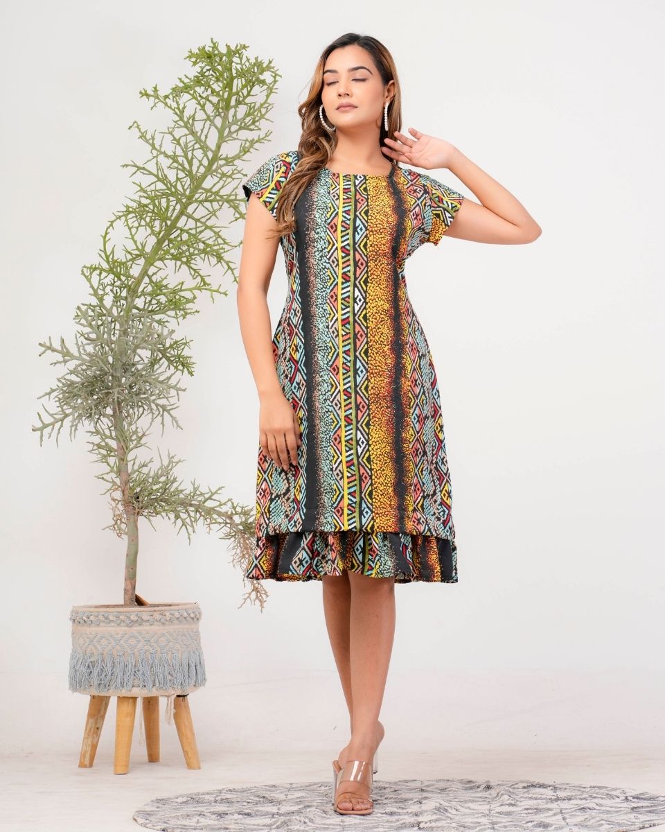 Chevron Printed Multicolor Poly Crepe Dress For Women