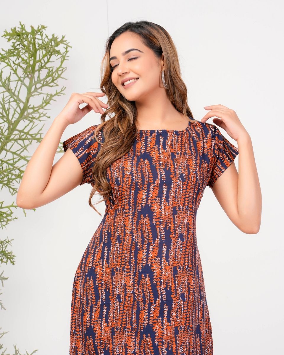 Sprig Printed Navy Blue Poly Crepe Dress For Women