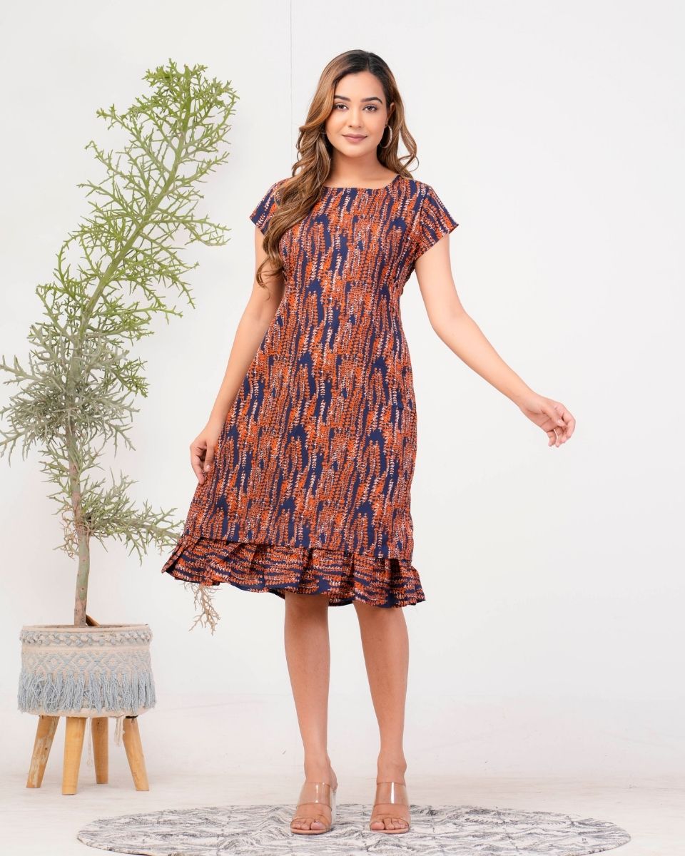 Sprig Printed Navy Blue Poly Crepe Dress For Women