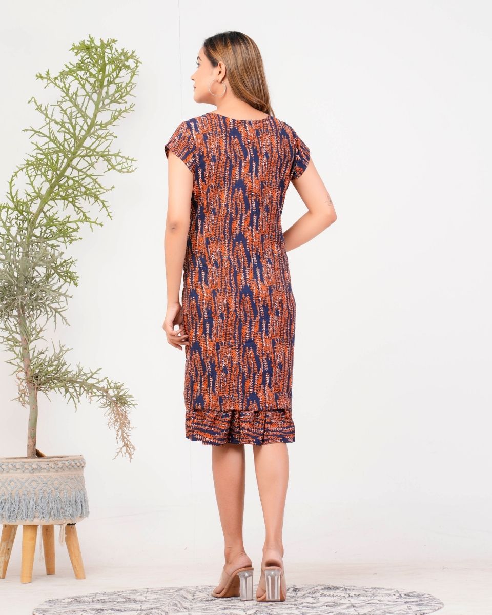 Sprig Printed Navy Blue Poly Crepe Dress For Women