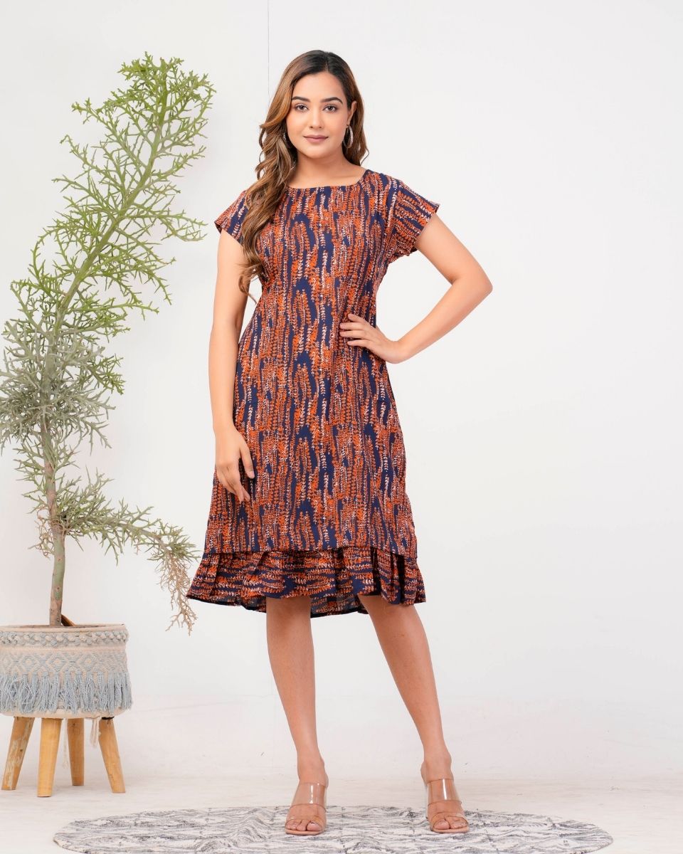 Sprig Printed Navy Blue Poly Crepe Dress For Women