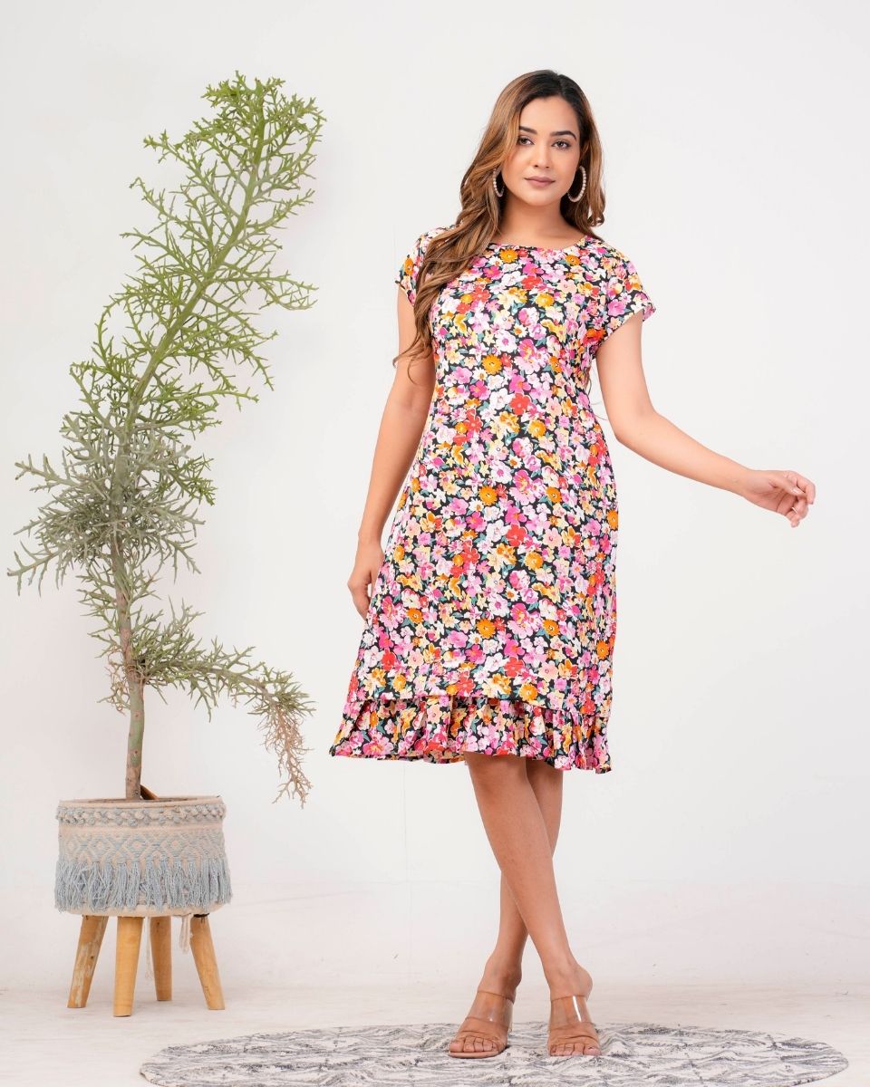 Floral Printed Multicolor Poly Crepe Dress For Women