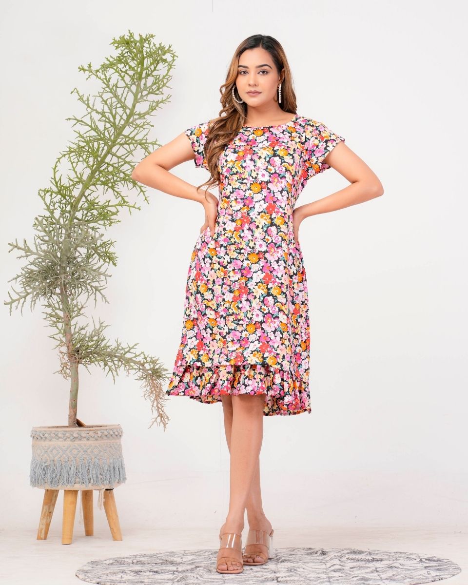 Floral Printed Multicolor Poly Crepe Dress For Women