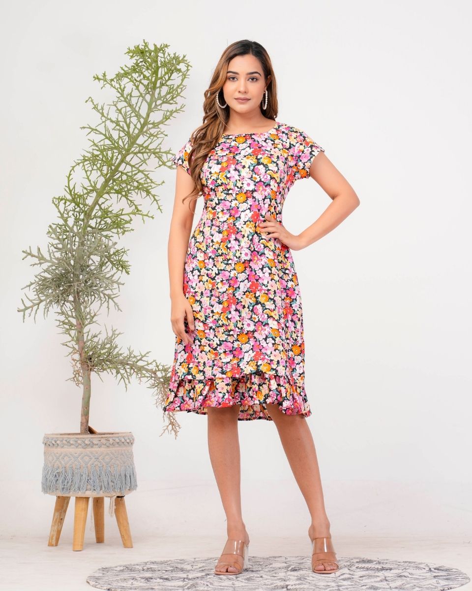 Floral Printed Multi Poly crepe Dress for Women