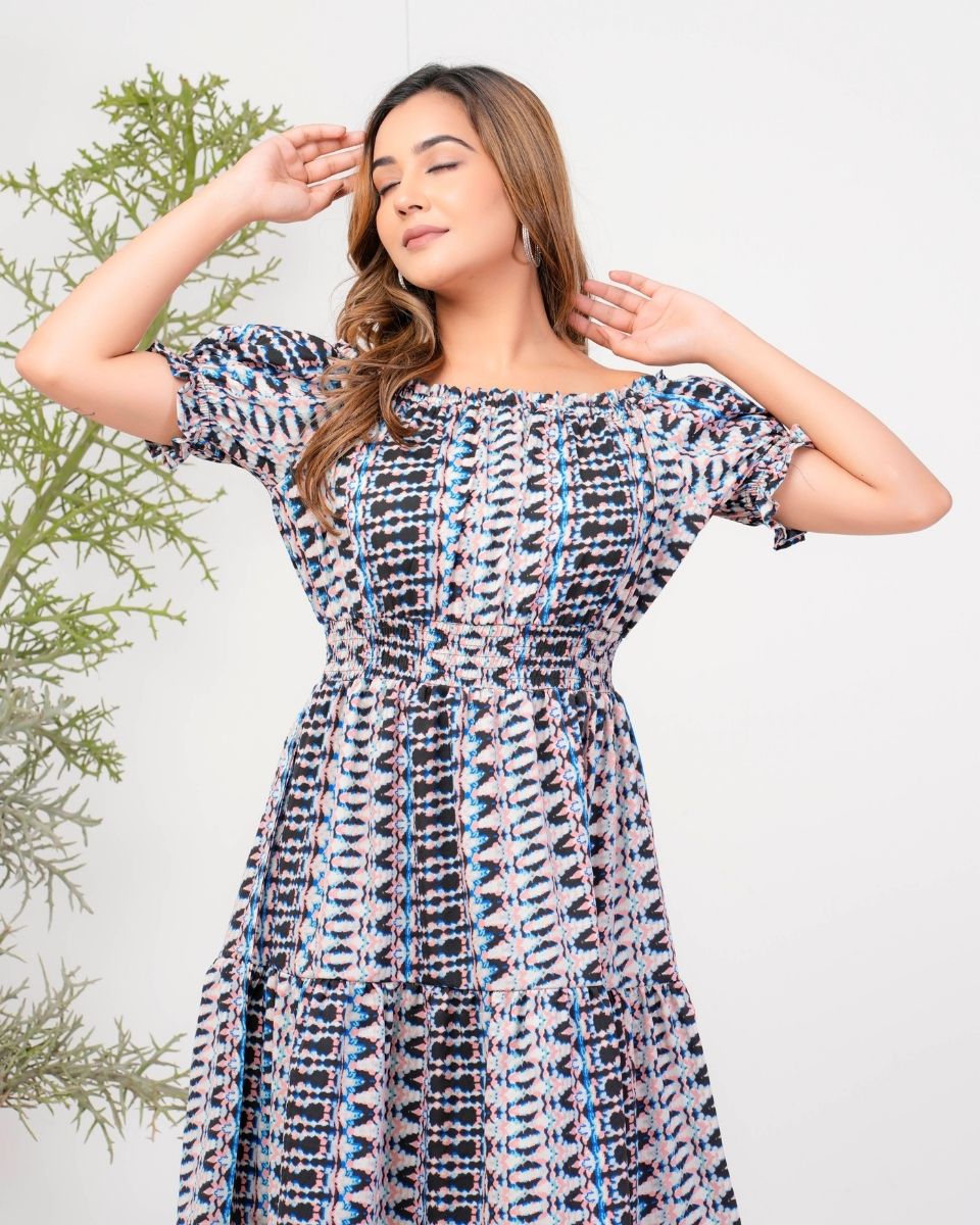 Ikat Printed Gray Poly Crepe Dress For Women