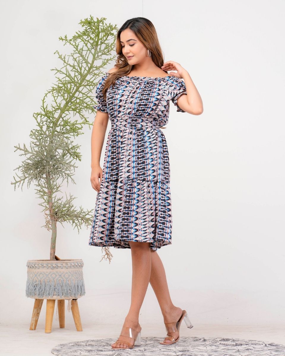 Ikat Printed Gray Poly Crepe Dress For Women