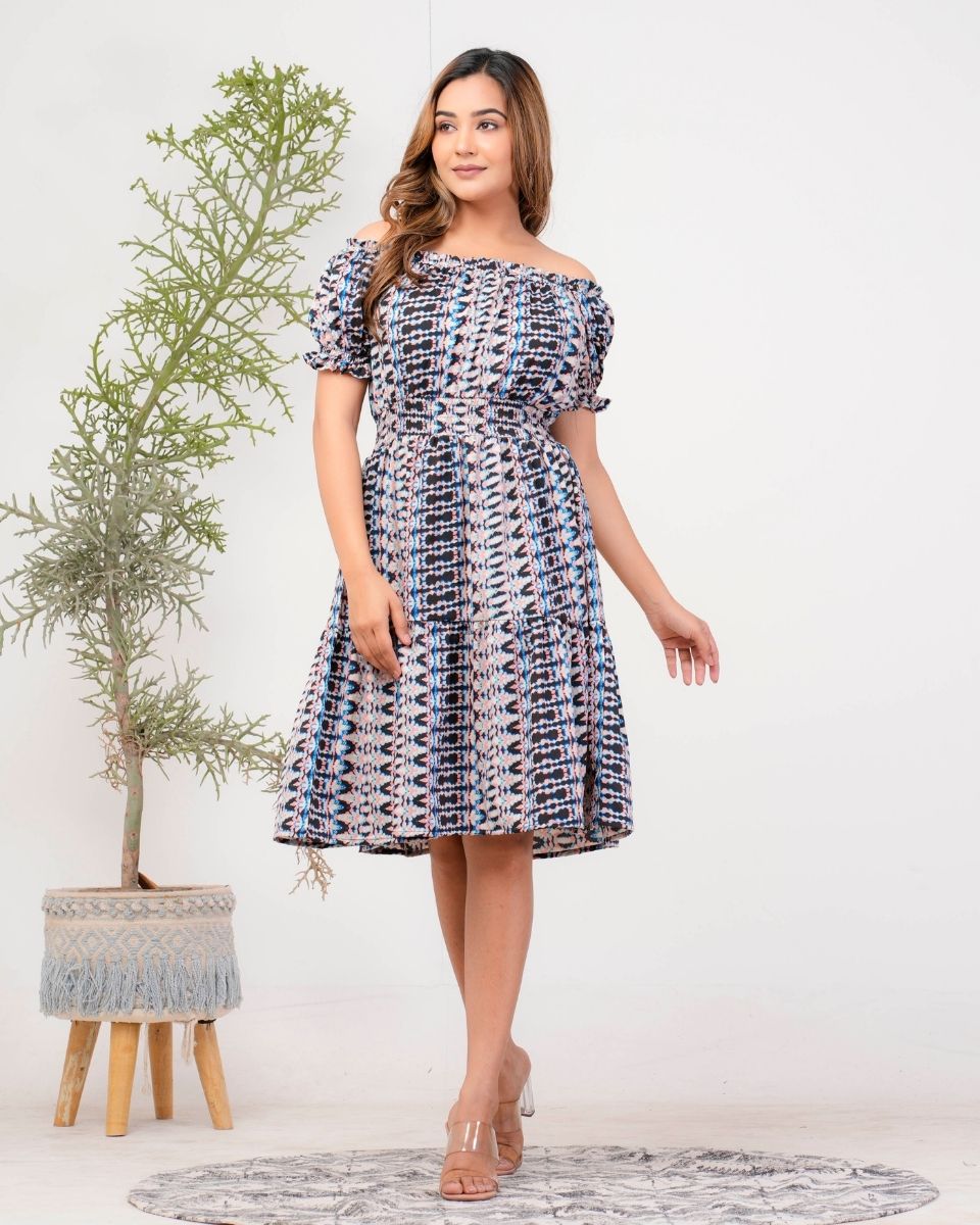 Ikat Printed Gray Poly Crepe Dress For Women