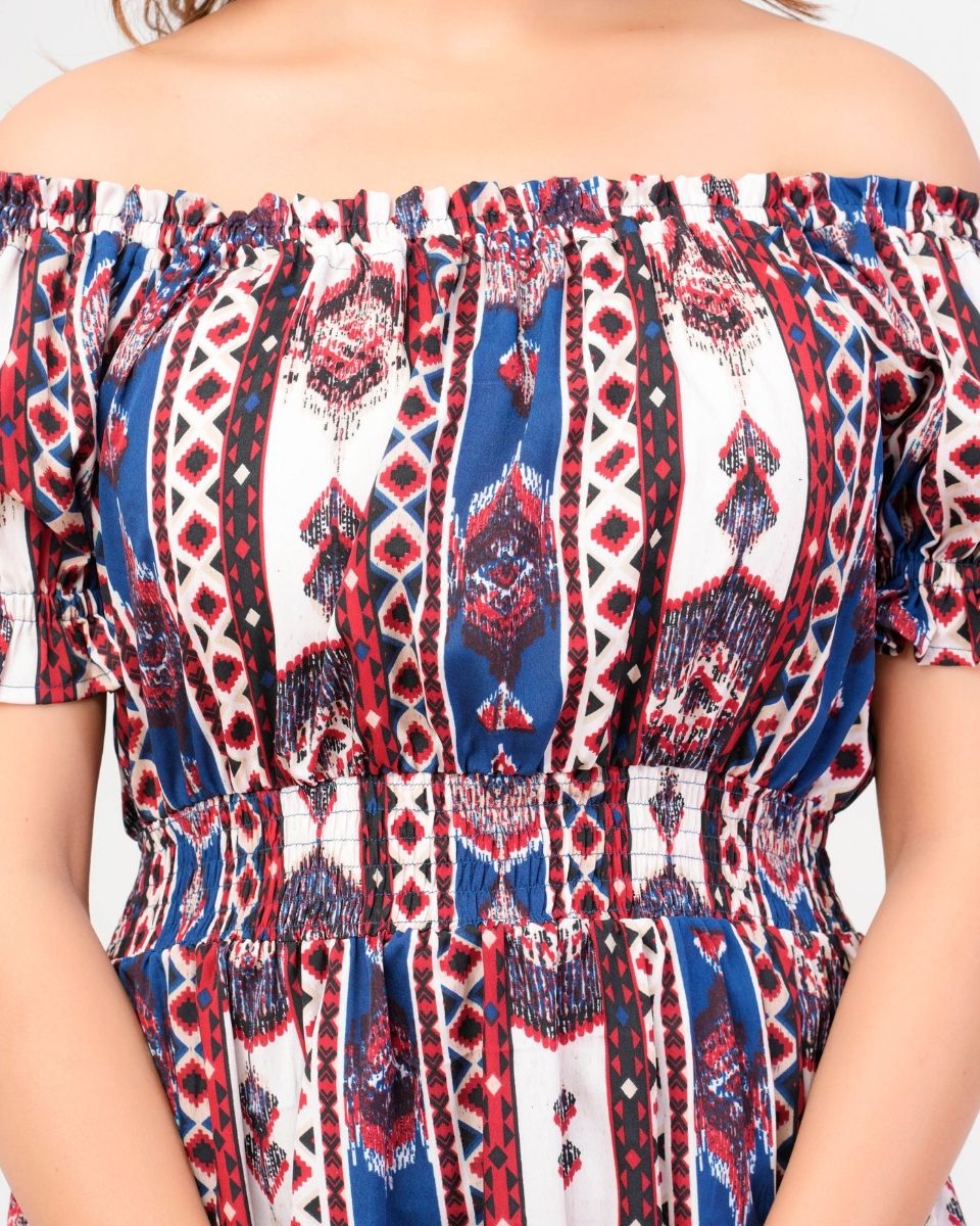 Ikat Printed Blue Poly Crepe Dress For Women