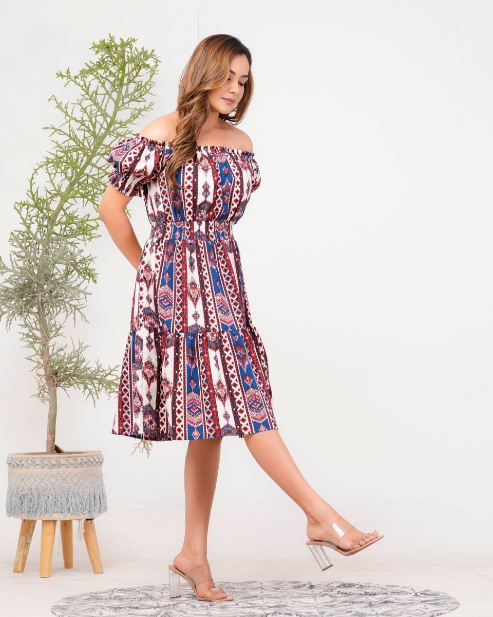 Ikat Printed Blue Poly Crepe Dress For Women