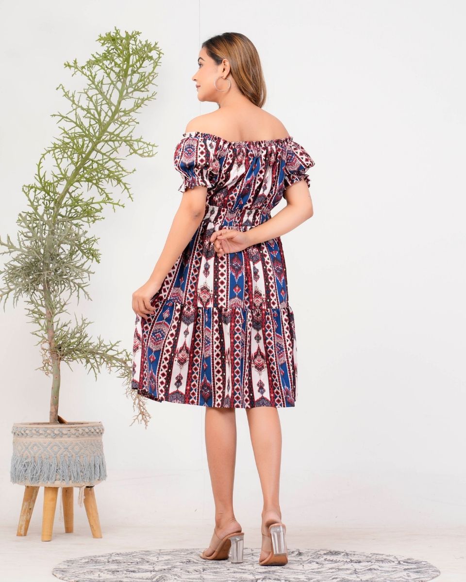 Ikat Printed Blue Poly Crepe Dress For Women