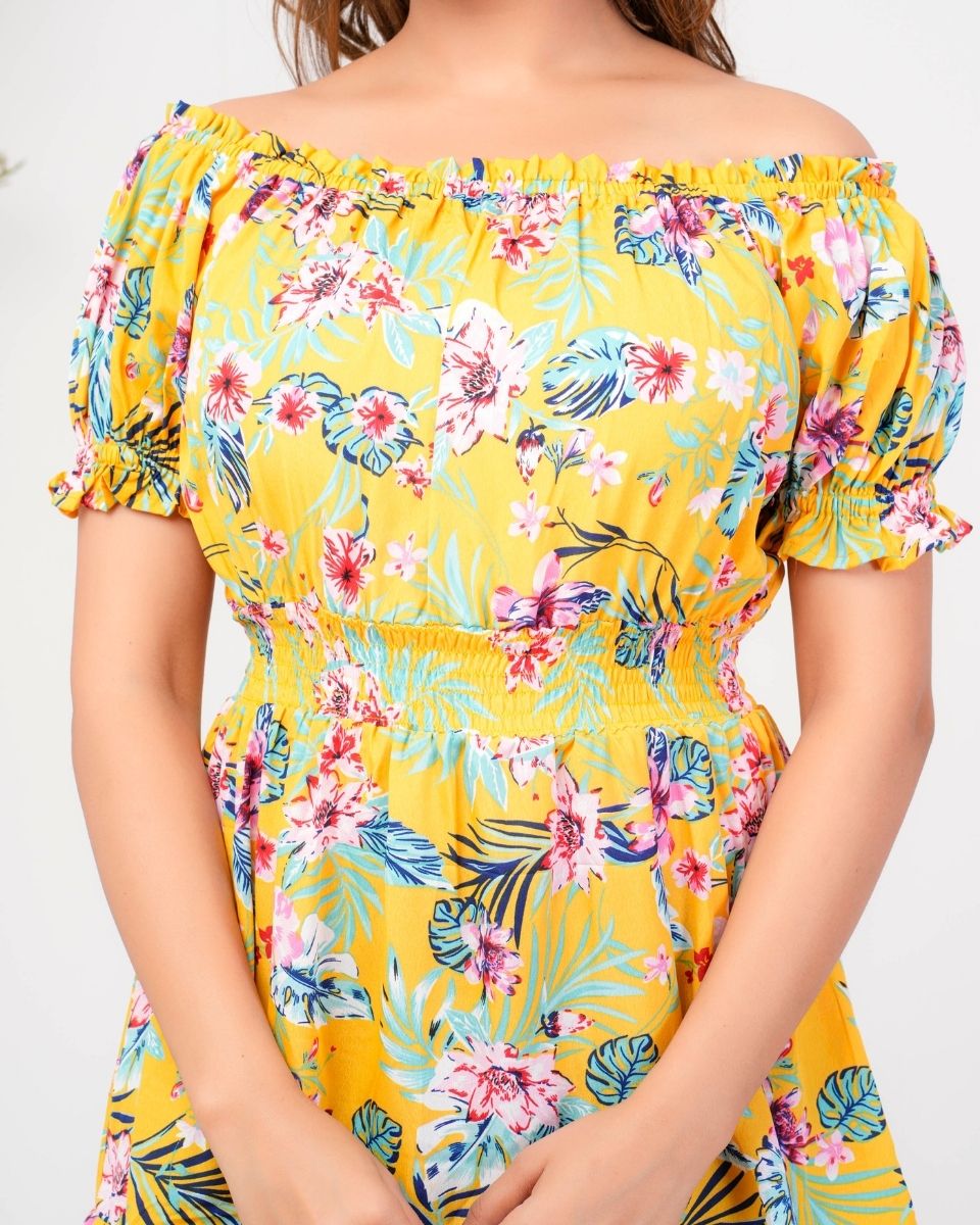 Yellow Poly Floral Printed Crepe Dress For Women