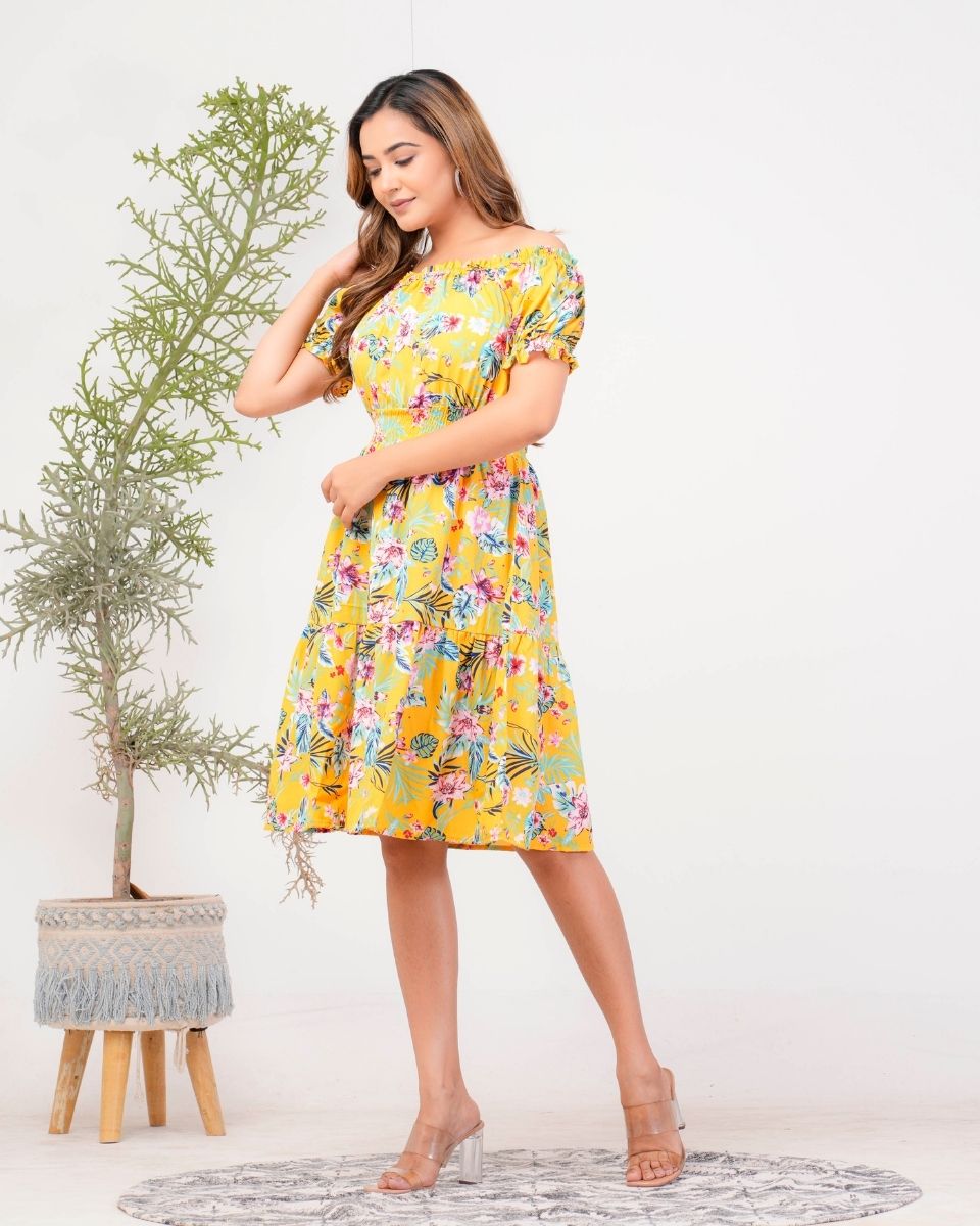 Yellow Poly Floral Printed Crepe Dress For Women