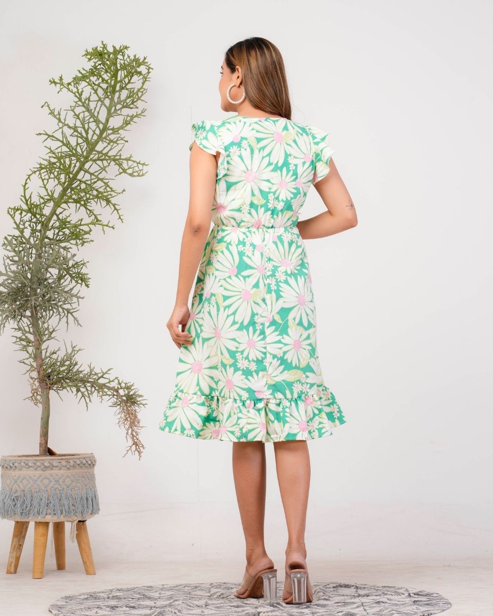 Fluorescent green Floral Printed Poly Crepe Dress For Women