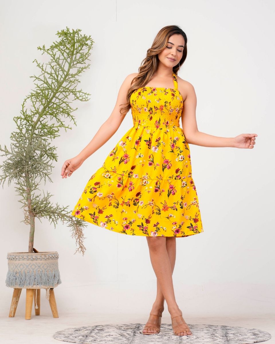 Floral Printed Yellow Poly Crepe Dress For Women