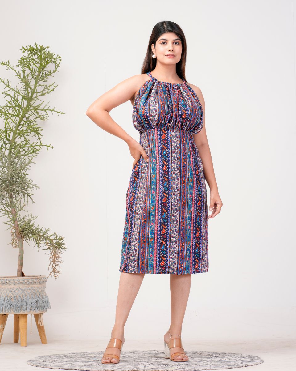 Stripped Printed Blue Poly Crepe Dress for Women