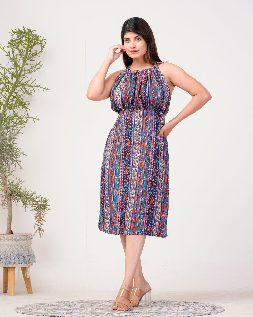 Stripped Printed Blue Poly Crepe Dress For Women