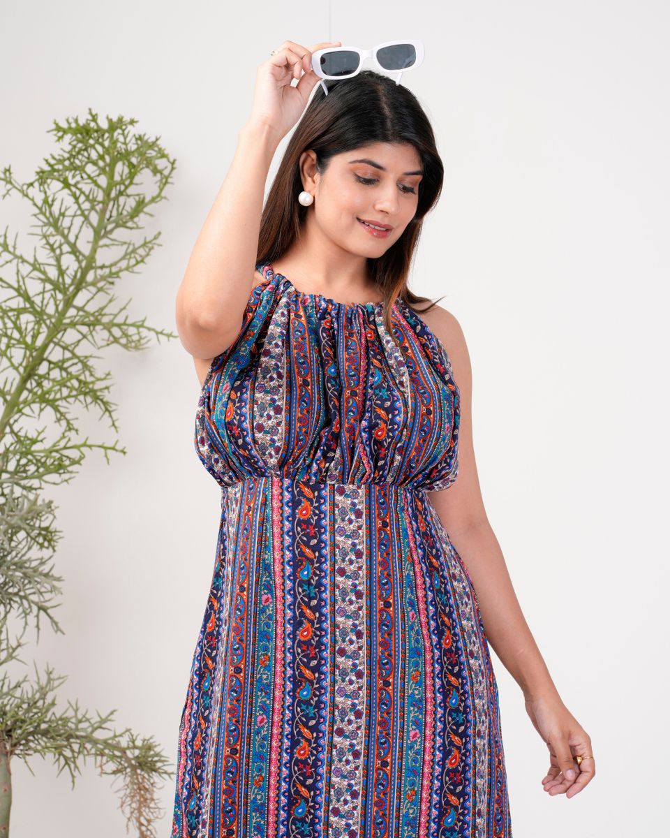 Stripped Printed Blue Poly Crepe Dress for Women