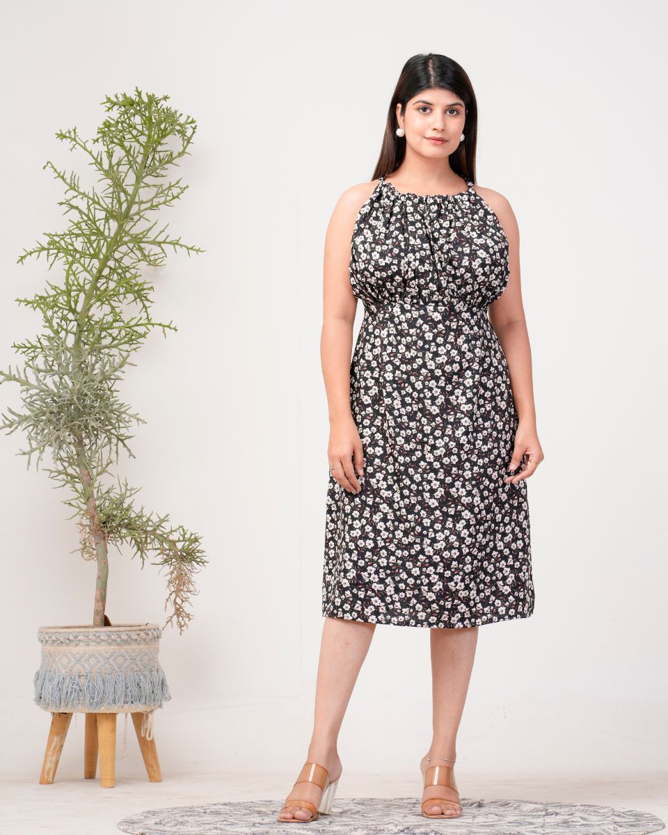 Floral Printed Black Poly Crepe Dress for Women