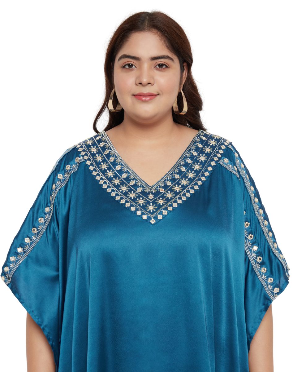 Corsair Blue Satin Kaftan Dress with delicate lace detail