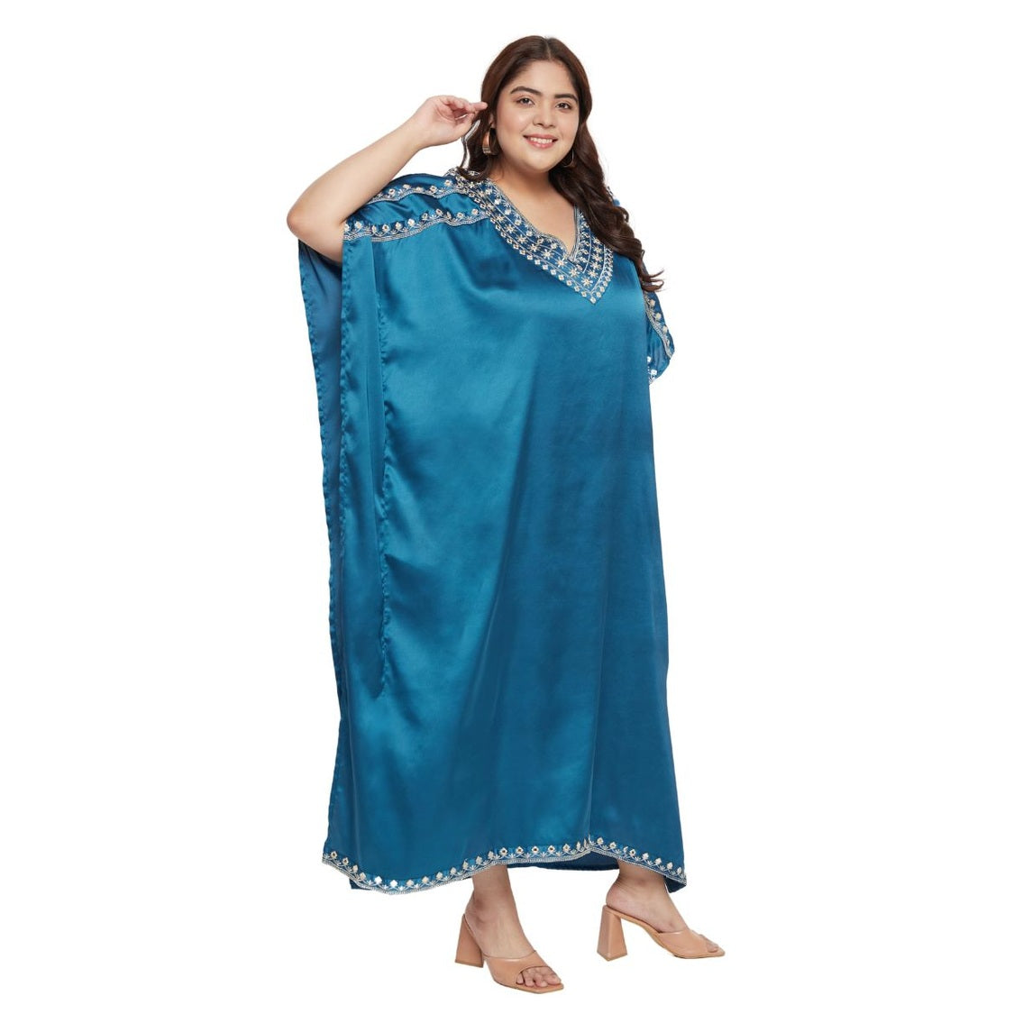 Corsair Blue With Embroidery Lace Satin Katan For Plus Size Women - SKU EKFT-1001-CSBL - Gypsie Blu