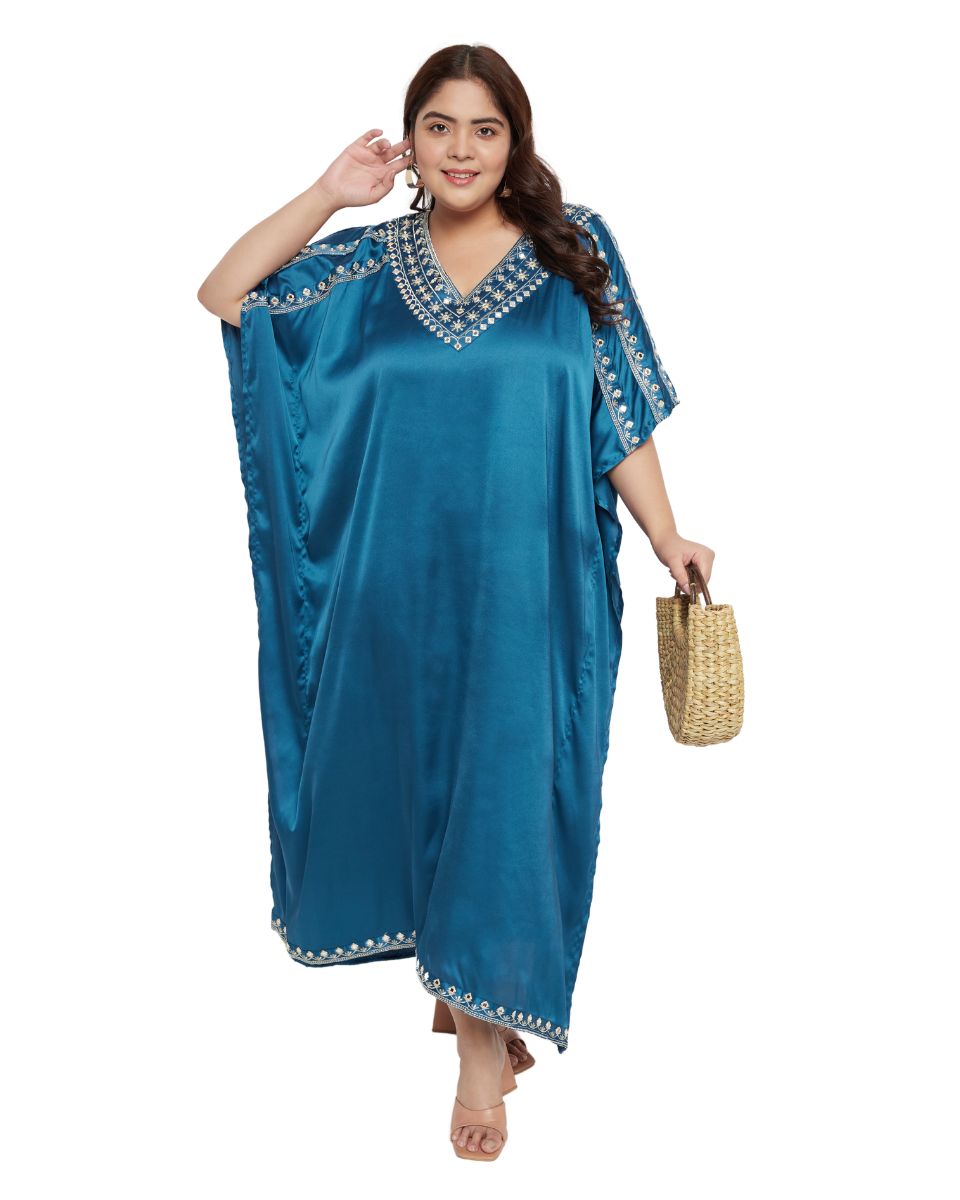 Solid with Embroidery Lace Corsair Blue Satin Women Kaftan Dress