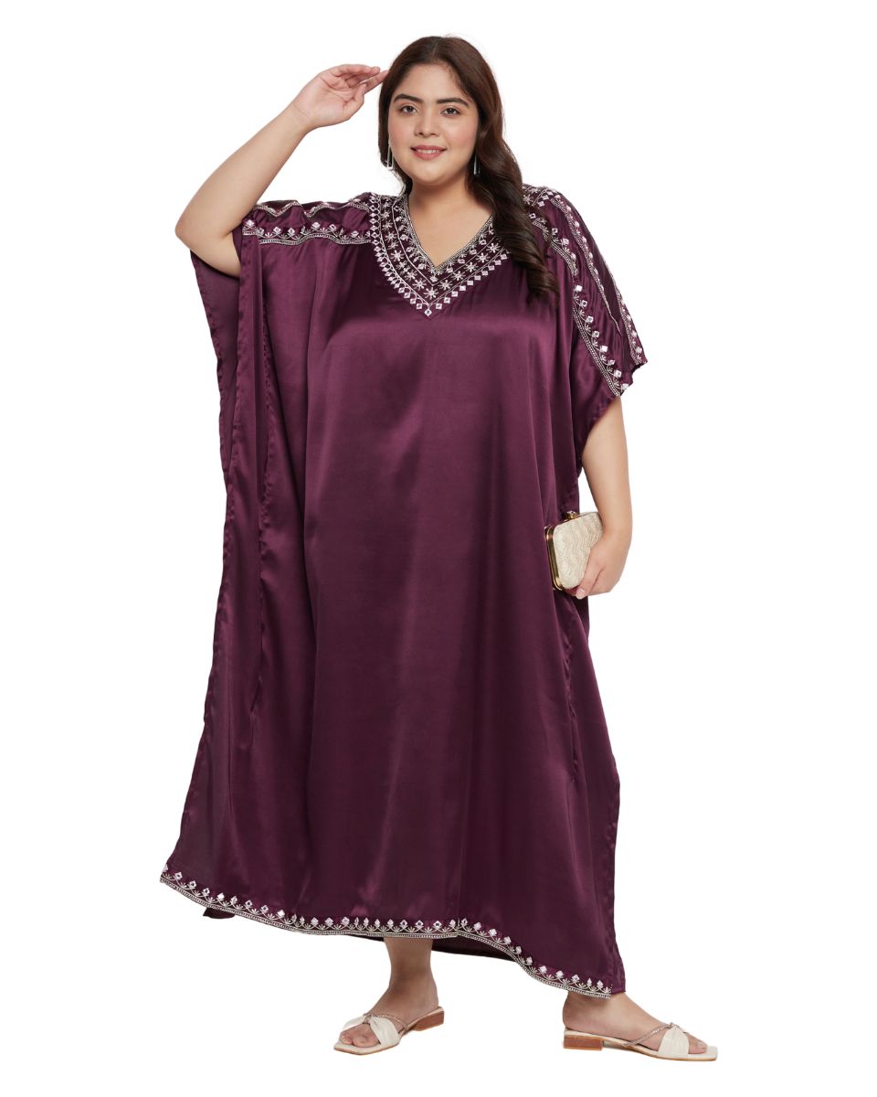 Solid with Embroidery Lace Wine Satin Women Kaftan Dress