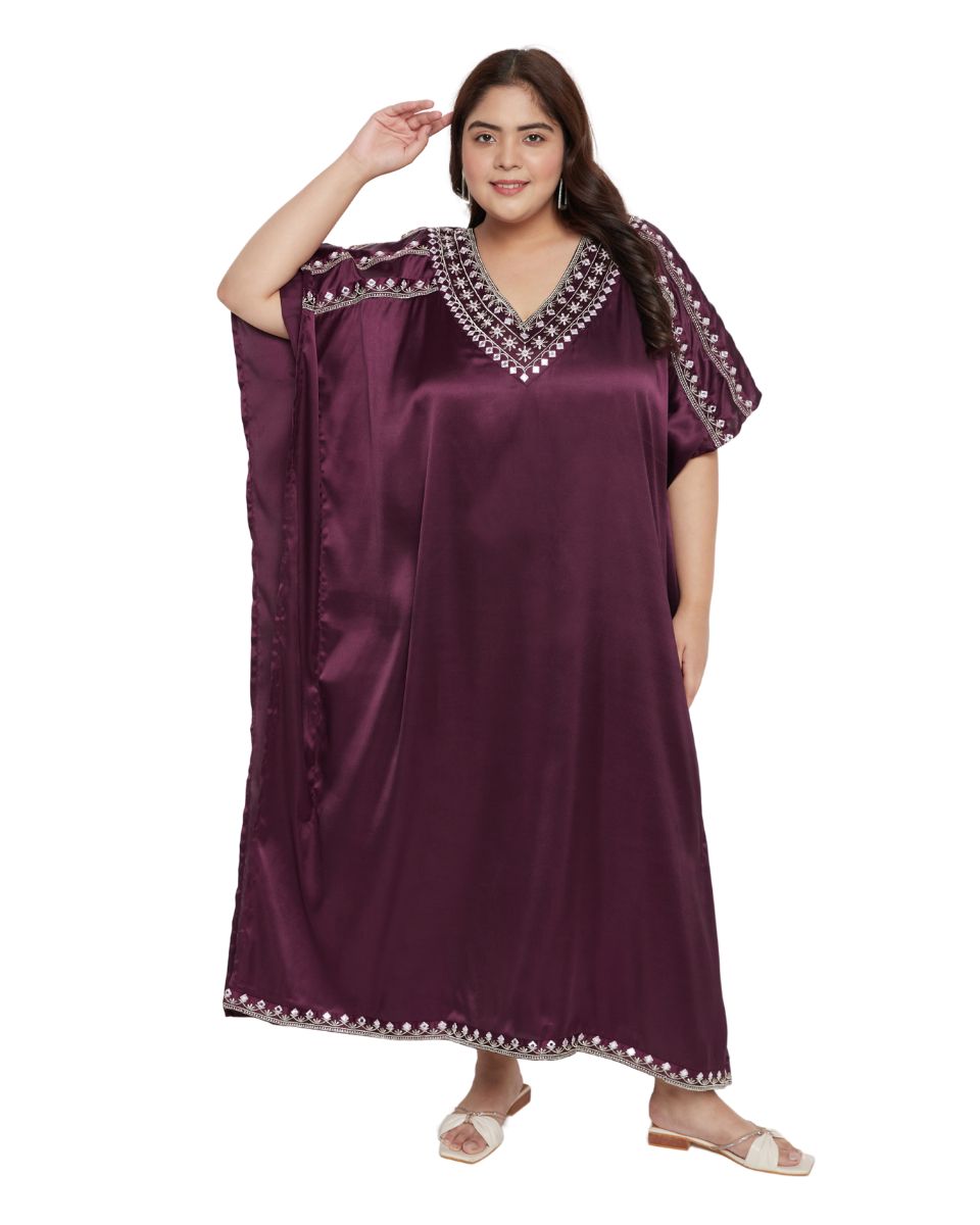 Wine satin embroidered lace dress For Women