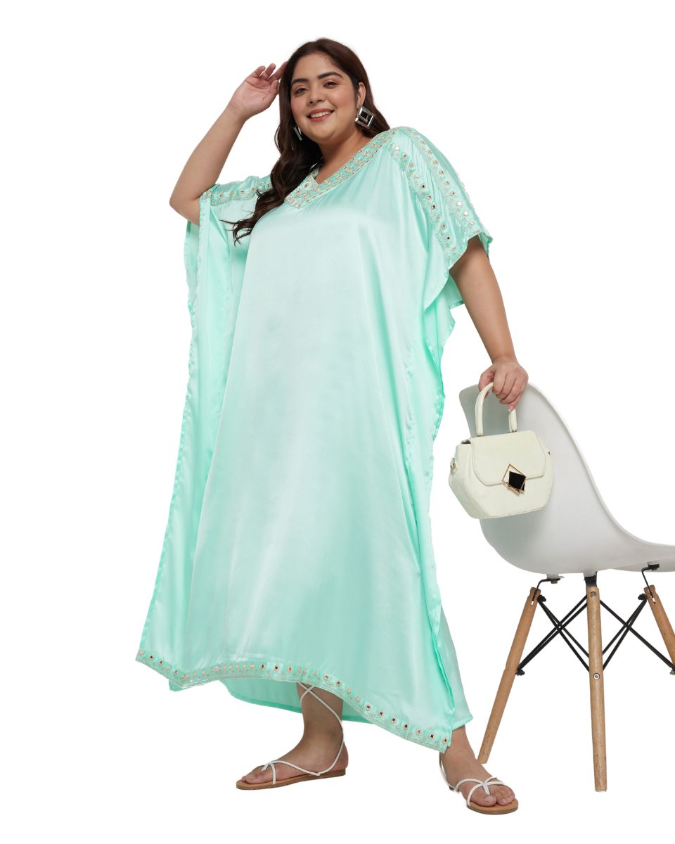 Solid with Embroidery Lace Ice Green Satin Women Kaftan Dress