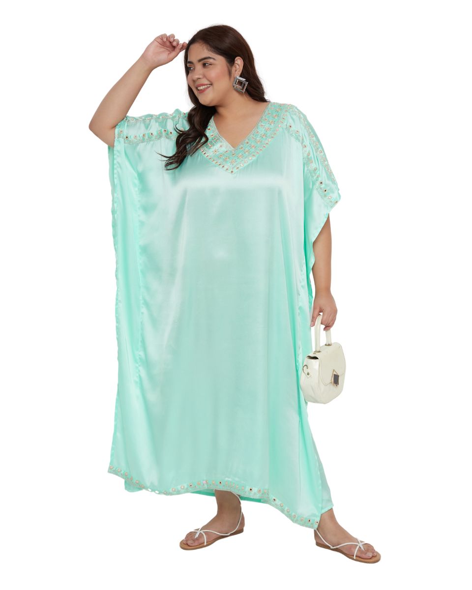 Solid with Embroidery Lace Ice Green Satin Women Kaftan Dress