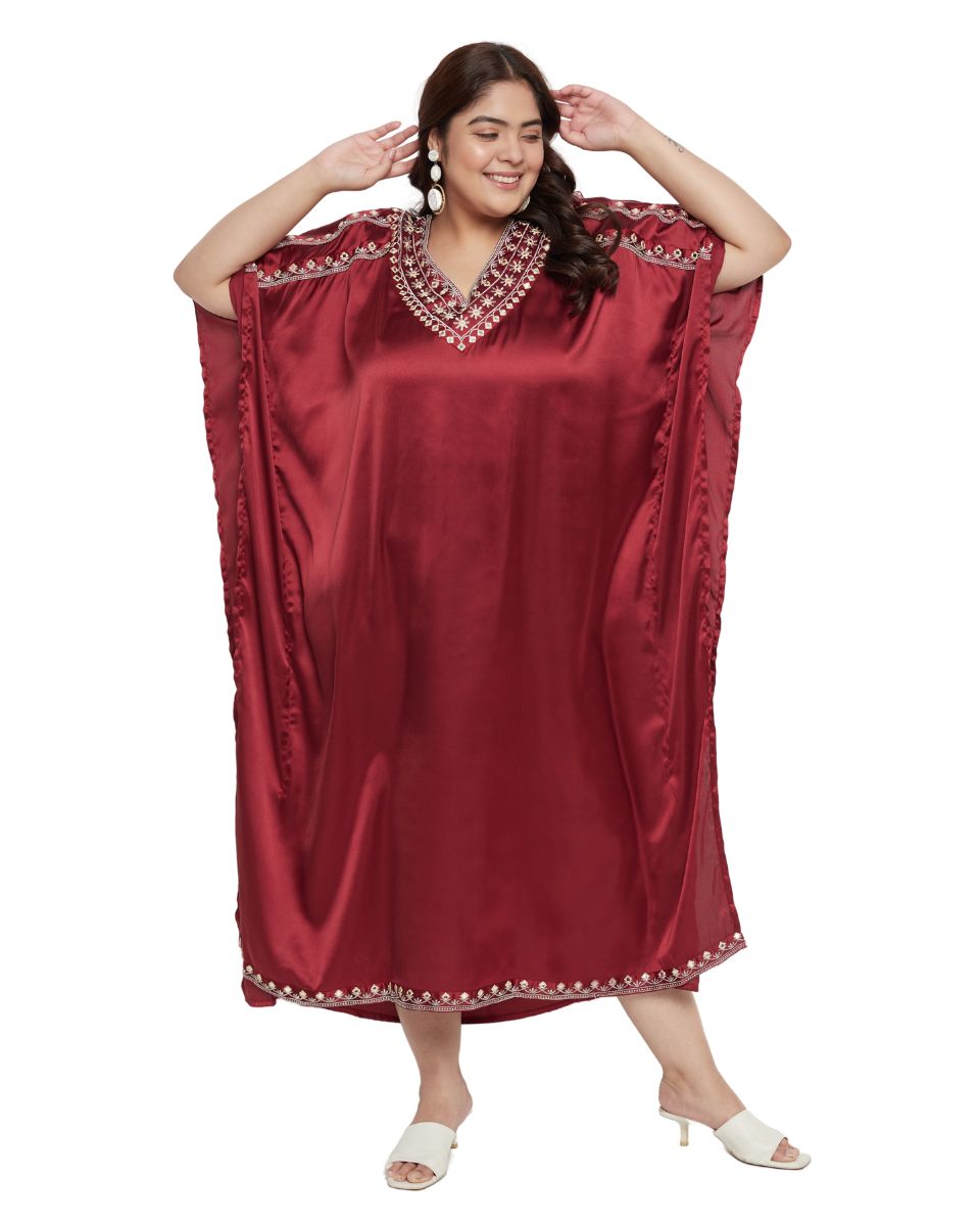 Red Satin Kaftan Solid With Embroidery Lace Jester For Plus Size Women