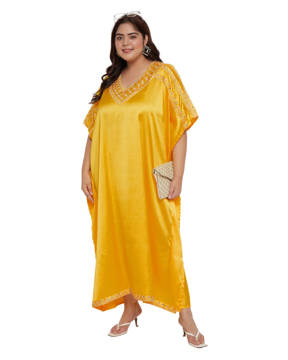 Solid with Embroidery Lace Yellow Satin Women Kaftan Dress