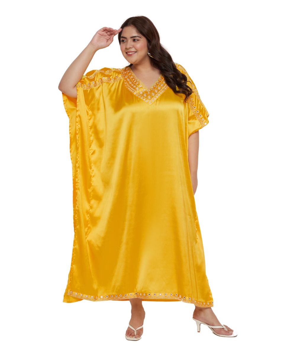 Yellow satin kaftan dress For Women