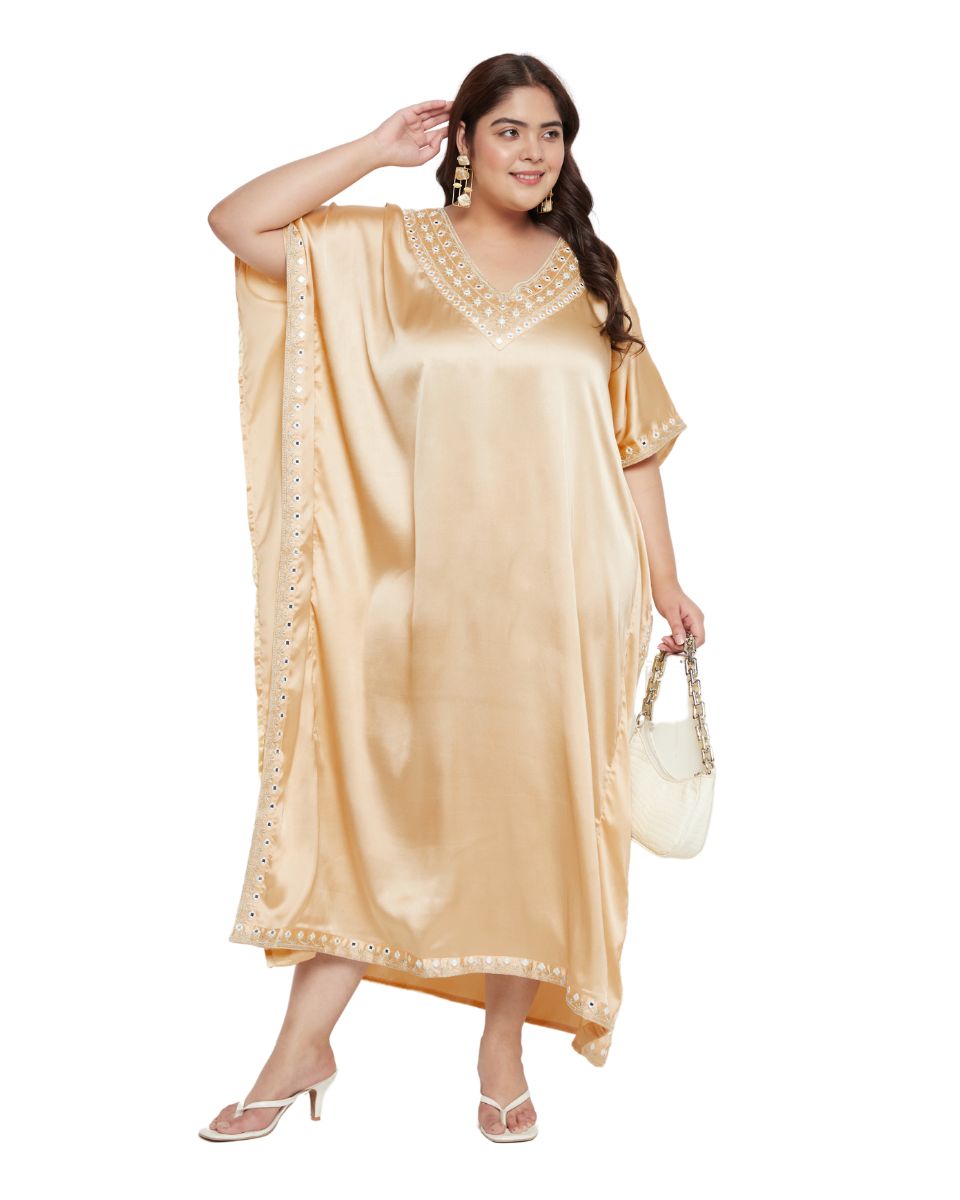 Solid with Embroidery Lace Apricot Tan Satin Women Kaftan Dress