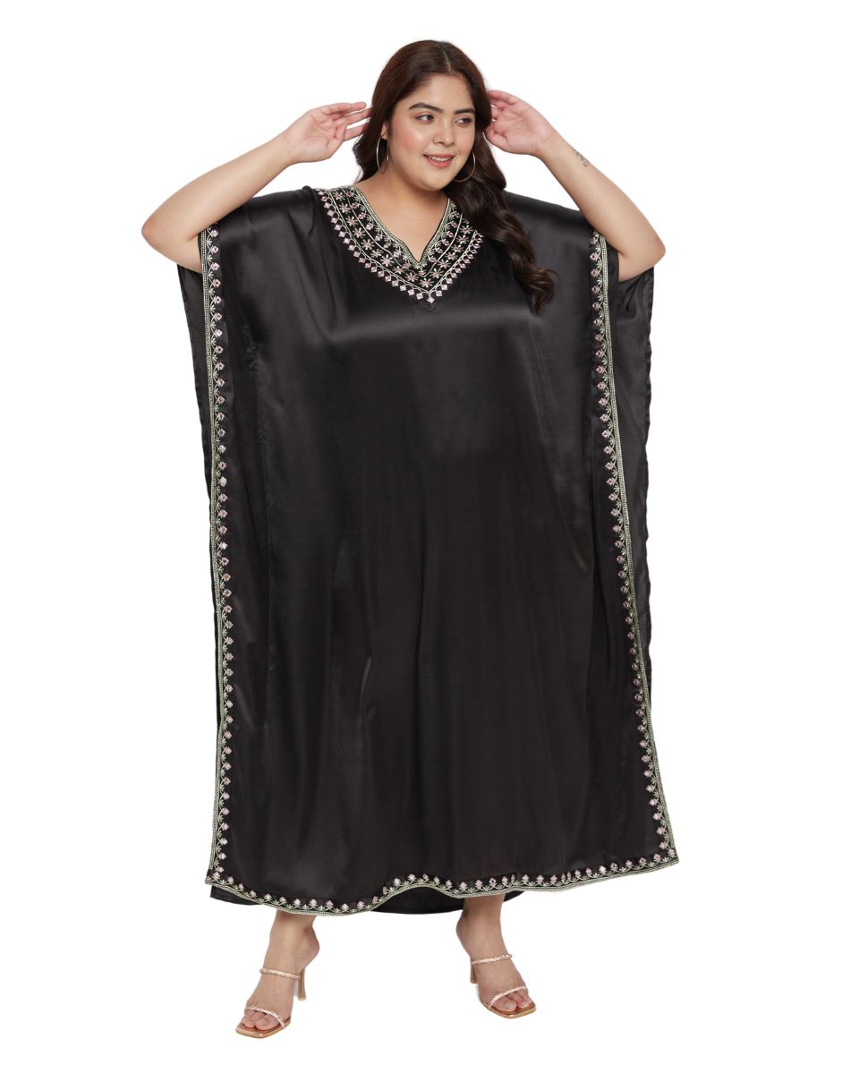 Black Satin Lace Kaftan Dress For Women
