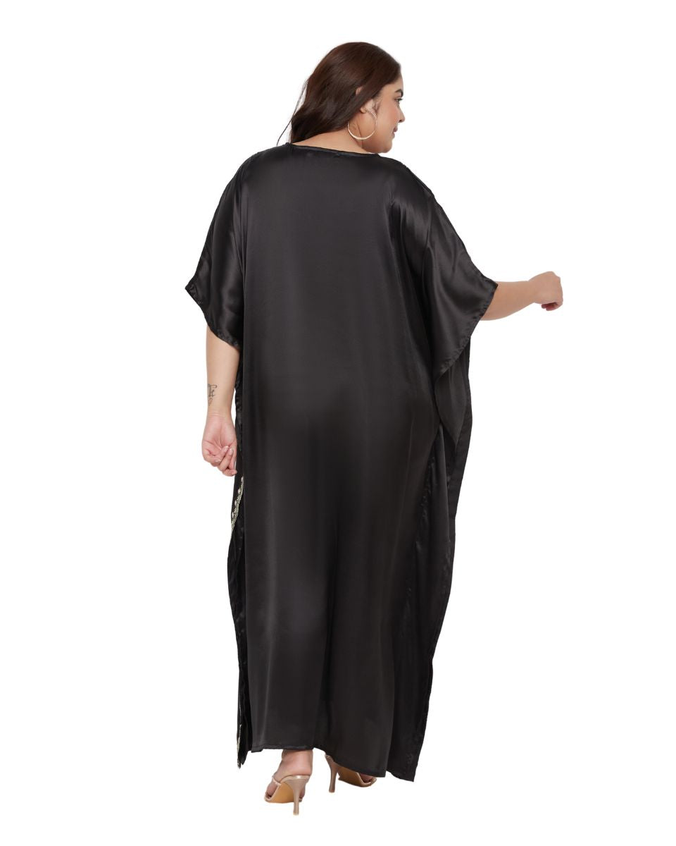 Solid with Embroidery Lace Black Satin Women Kaftan Dress