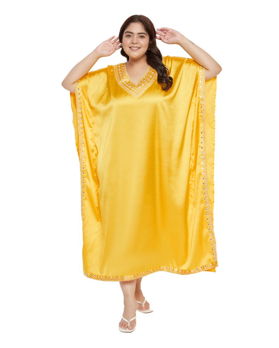 Yellow Satin Kaftan Dress For Women