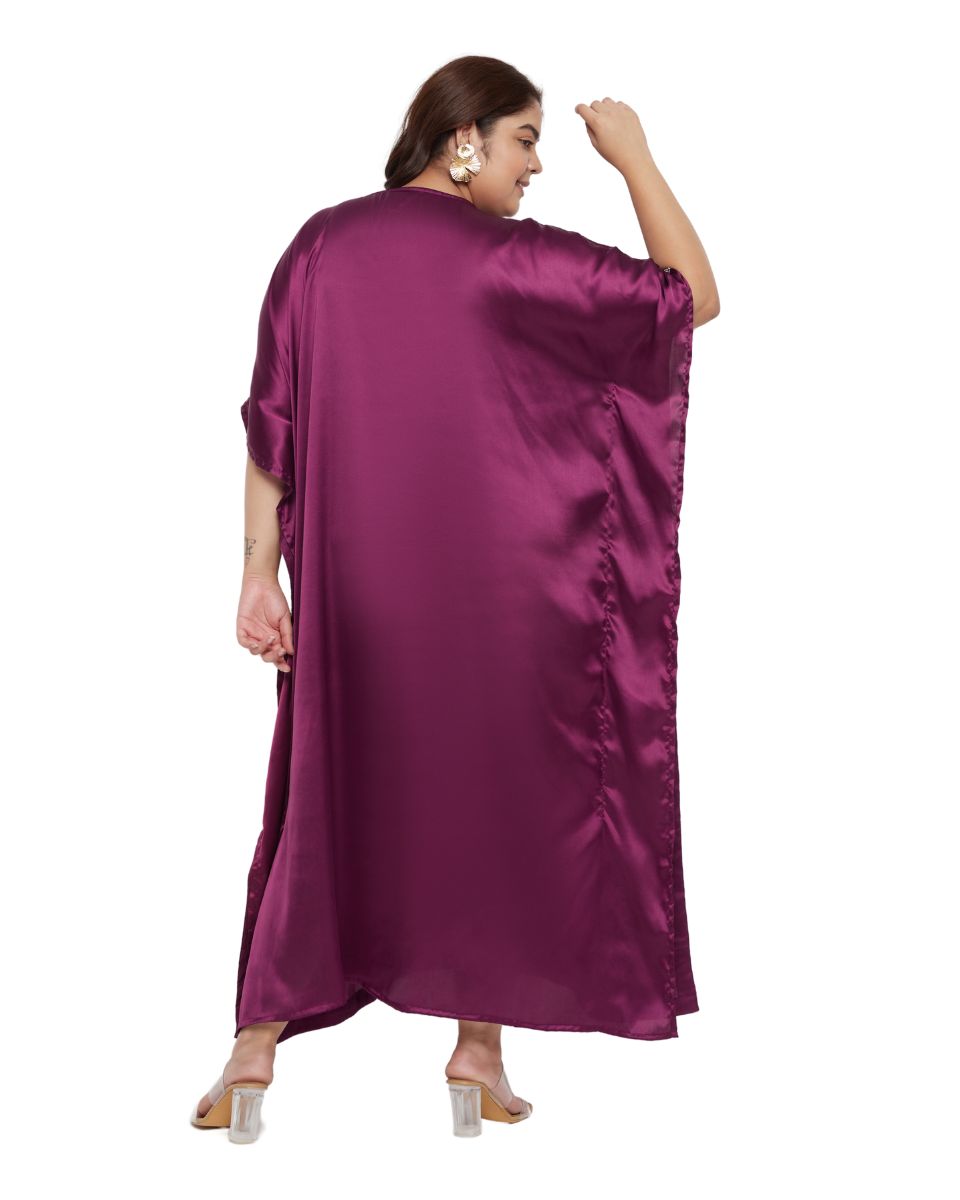 Solid with Embroidery Lace Purple Satin Women Kaftan Dress