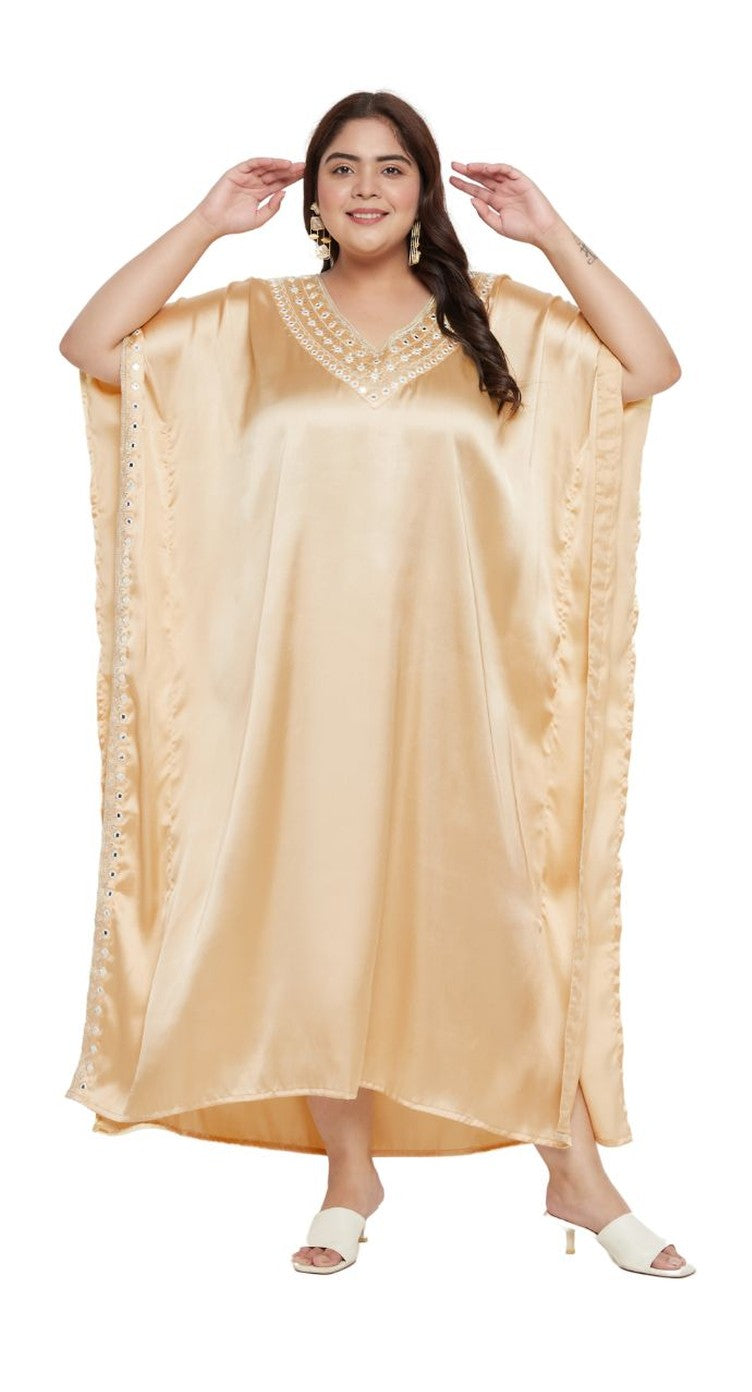 Apricot Tan Solid with Embroidery Satin Plus Size Kaftan For Women - SKU EKFT-1003-APGE - Gypsie Blu