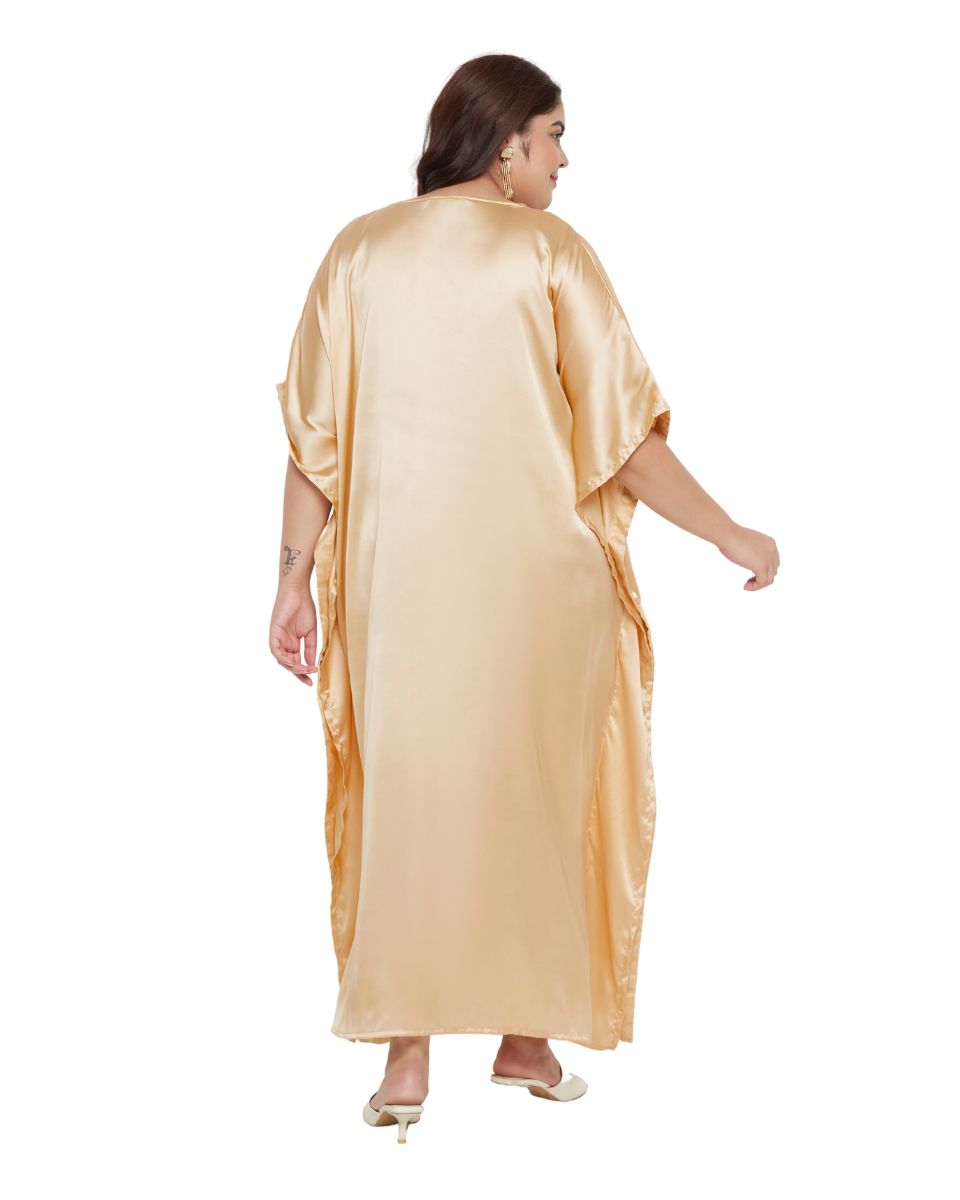 Solid with Embroidery Lace Apricot Tan Satin Women Kaftan Dress
