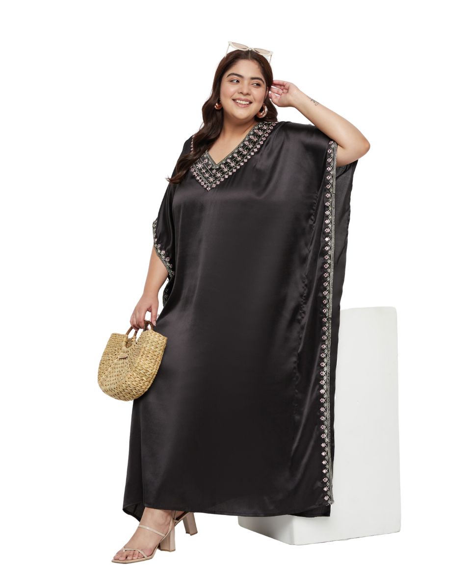Solid with Embroidery Lace Black Satin Women Kaftan Dress