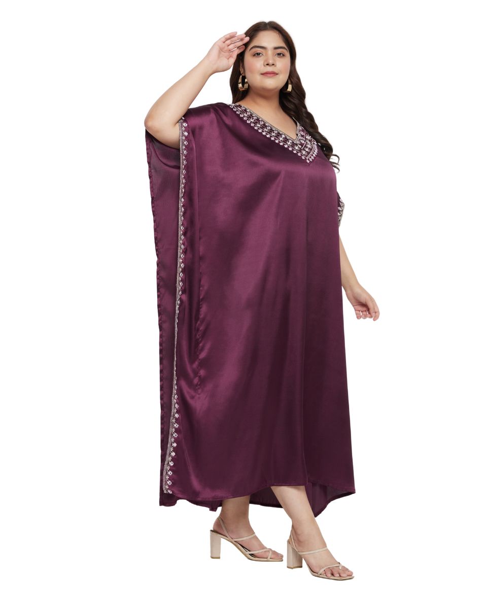Feminine Wine Lace Long Kaftan Dress