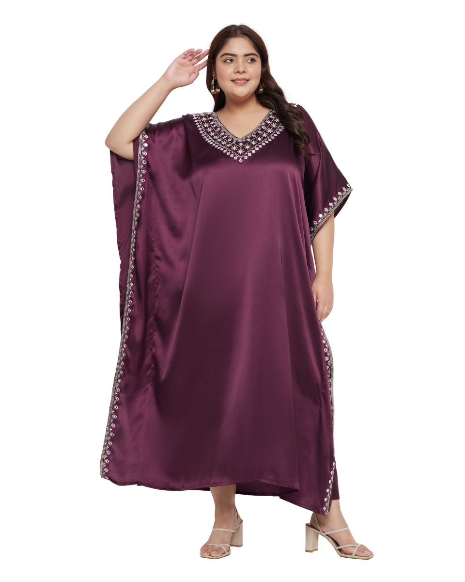 Wine Satin Long Kaftan Dress For Women