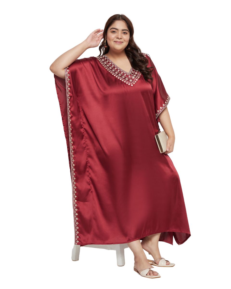 Solid with Embroidery Lace Jester Red Satin Women Kaftan Dress
