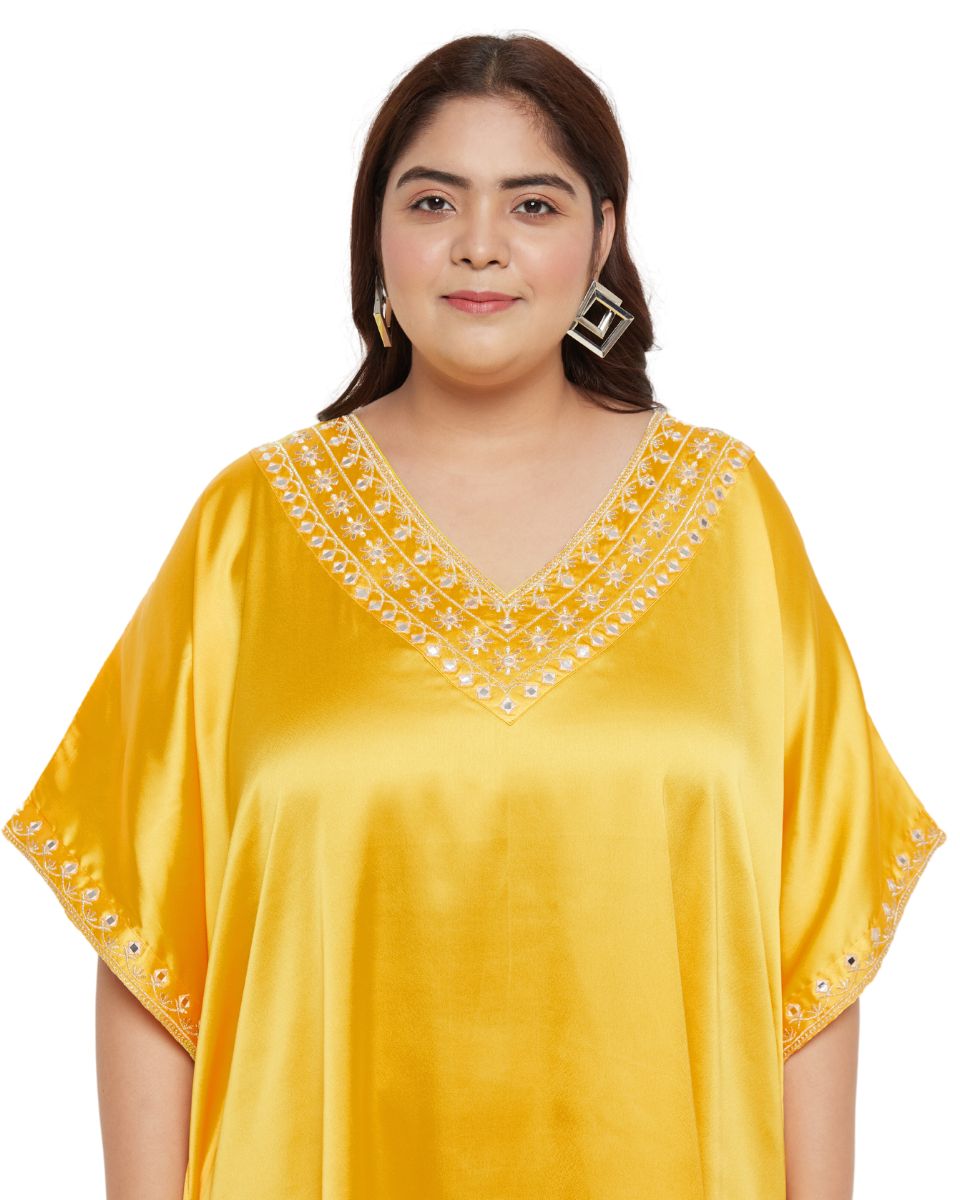 Chic Lace Yellow Satin Kaftan Dress